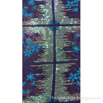 Purple And Blue Flowers Sequin Mesh Embroider Fabric